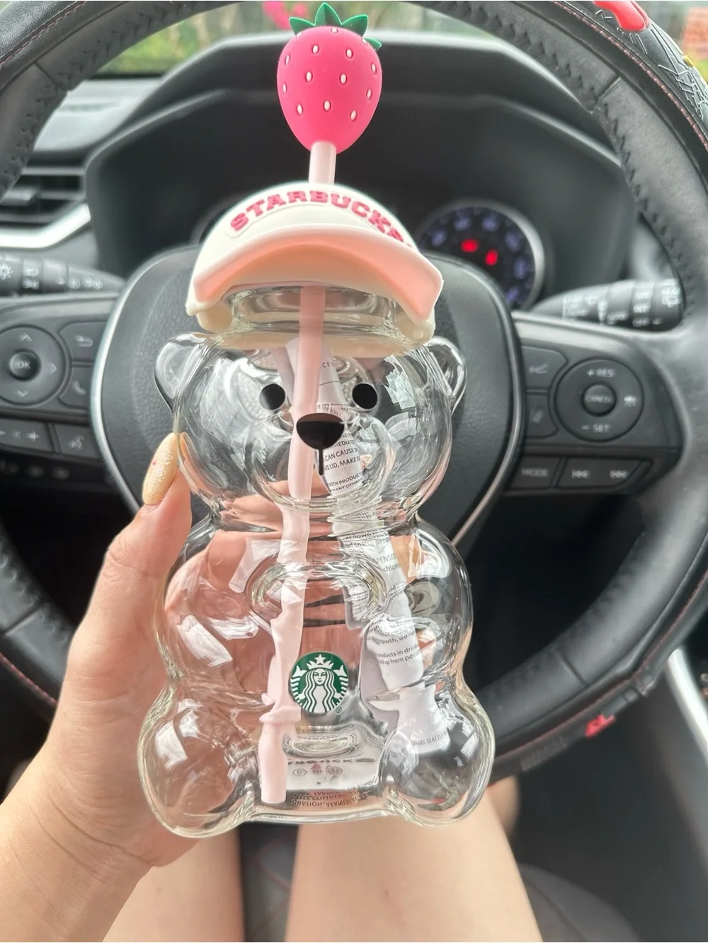Starbucks Clear Bear Cup with Pink Strawberry Straw and Pink Cap